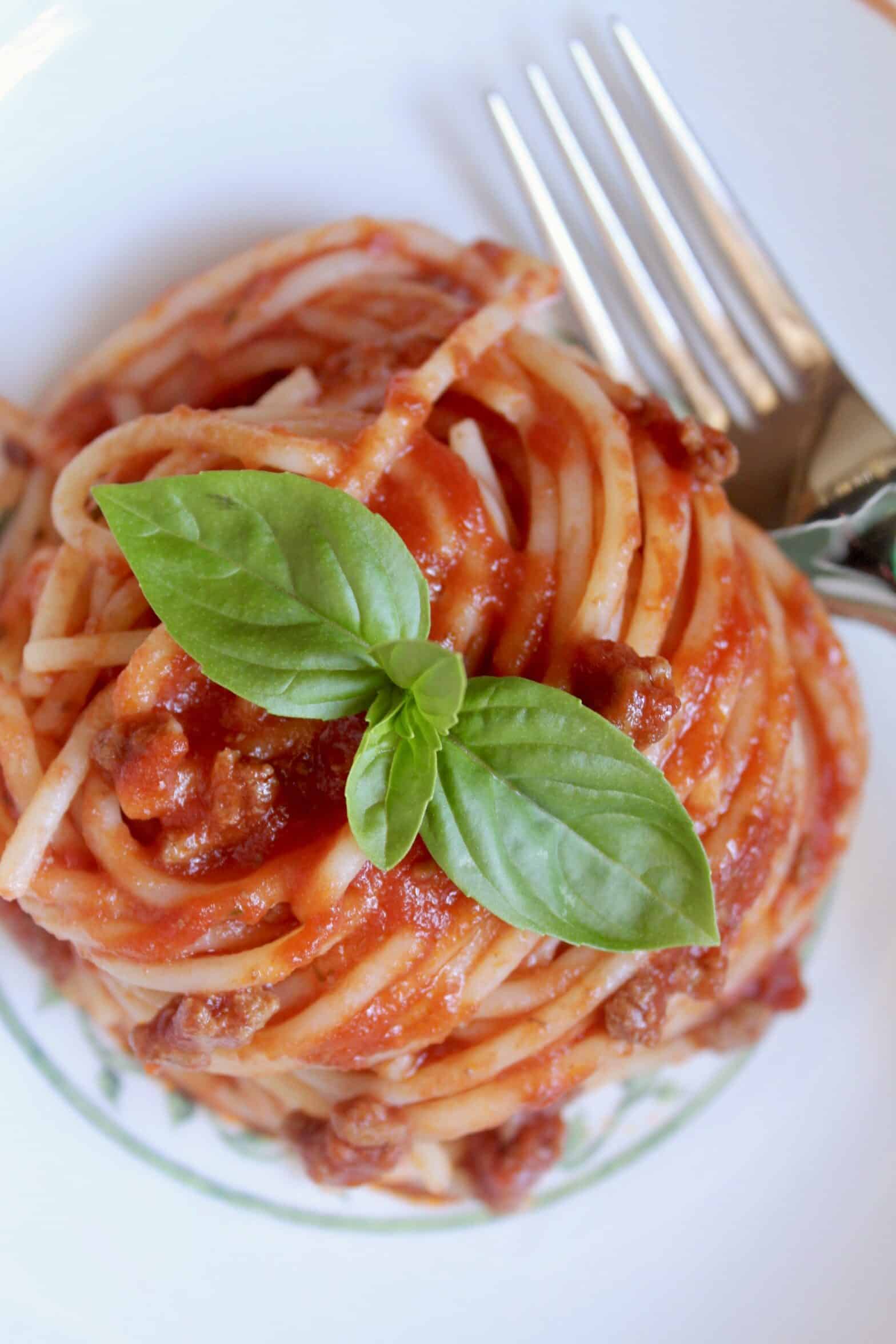 overhead spaghetti with meat sauce