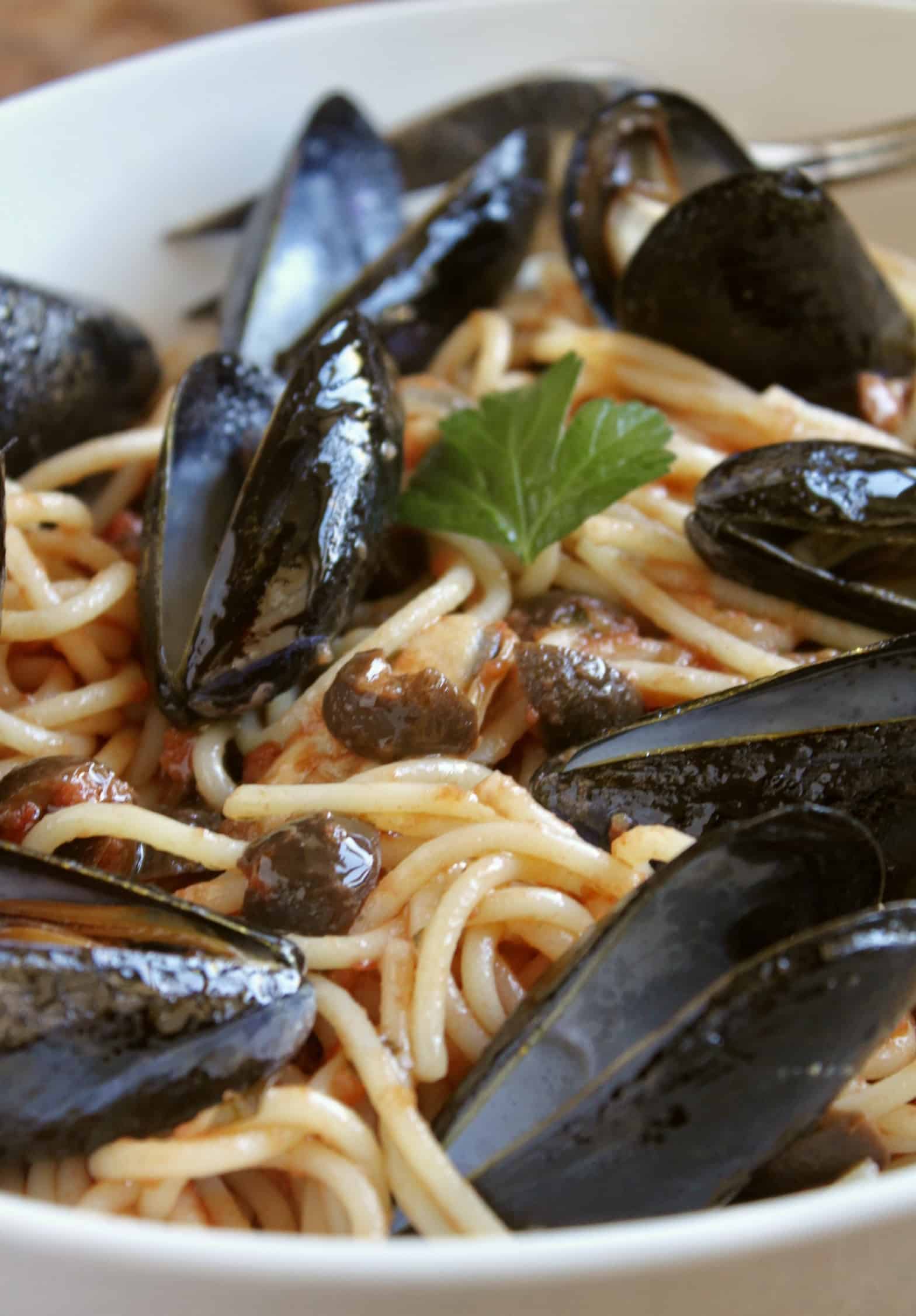 mussel pasta with tomatoes and olives