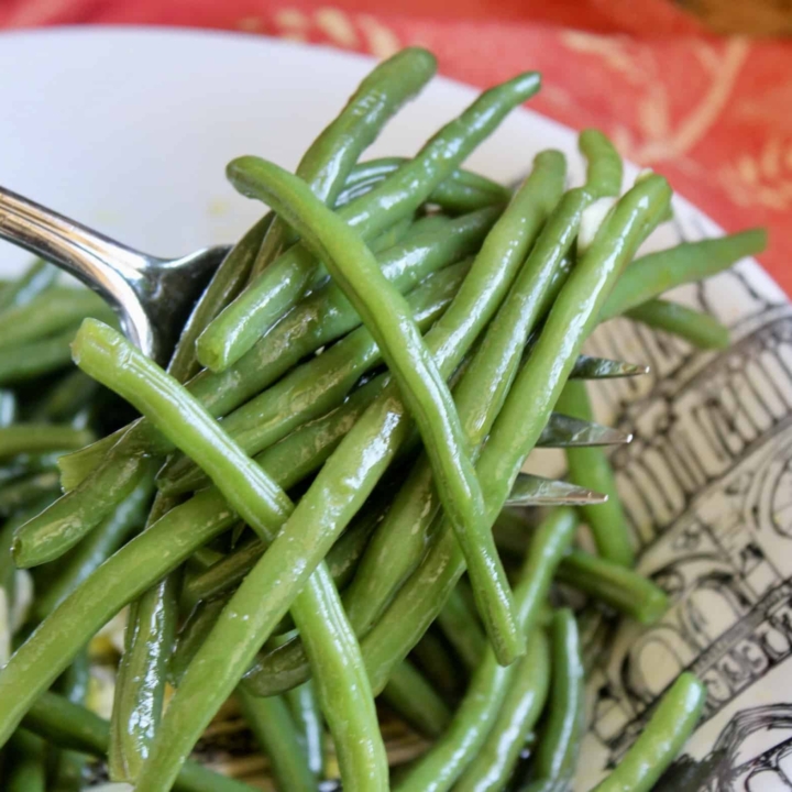 green bean salad on a serving fork