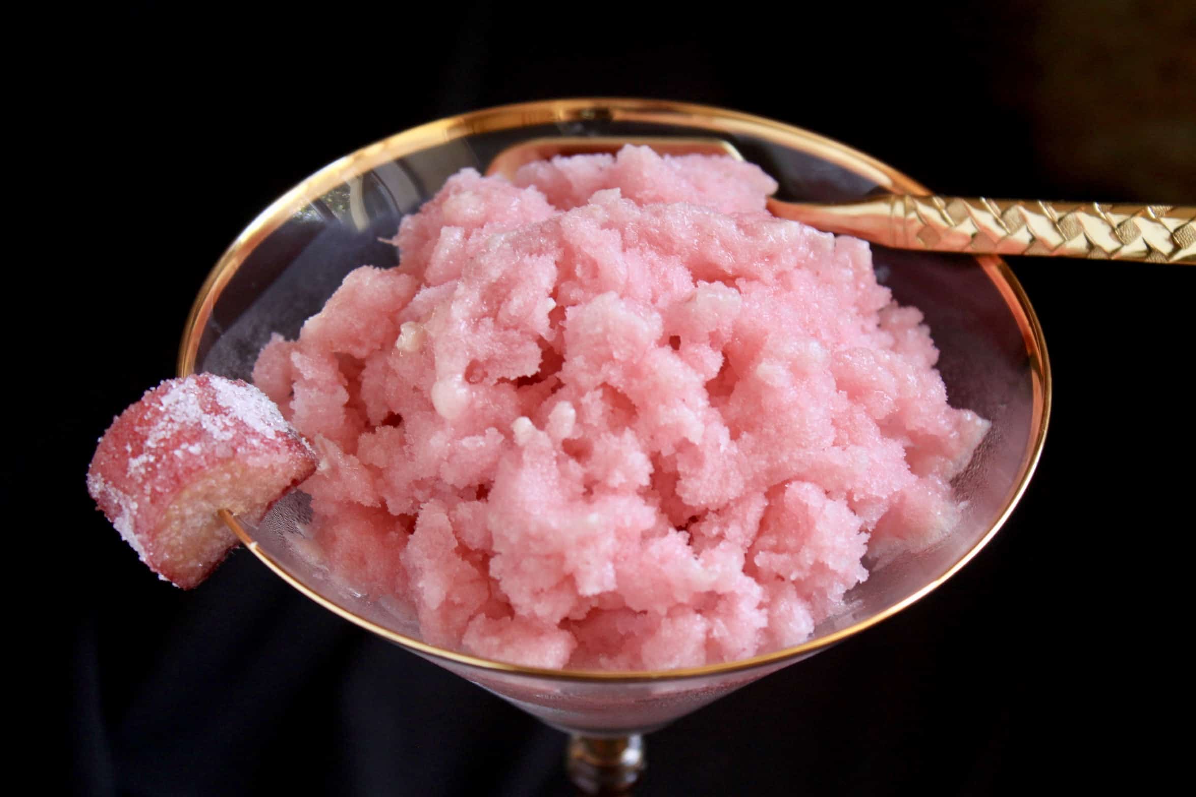 rhubarb granita in a martini glass