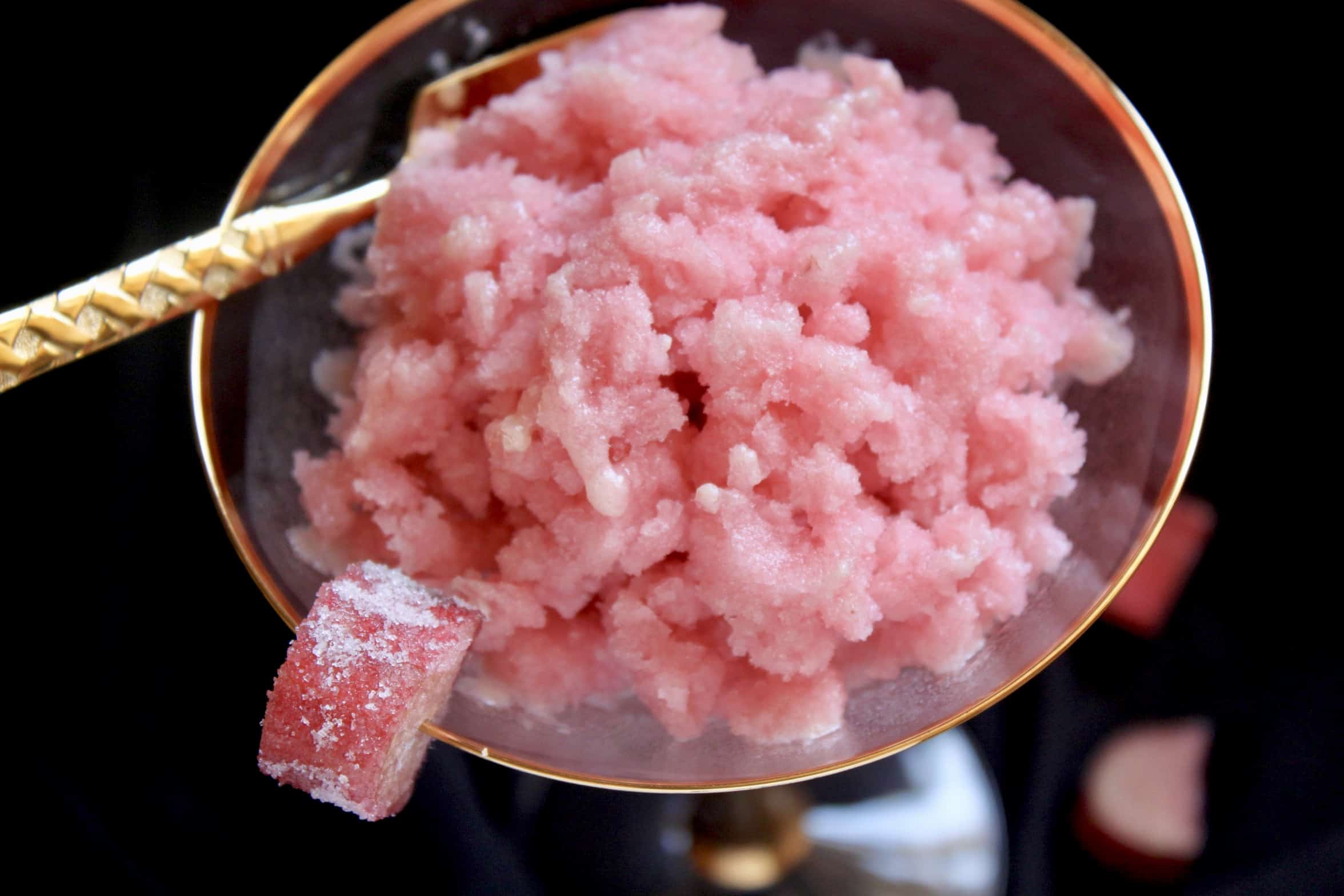 overhead rhubarb granita in a martini glass