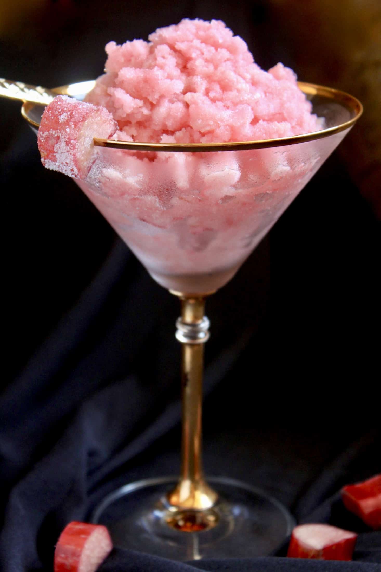 rhubarb granita in a martini glass