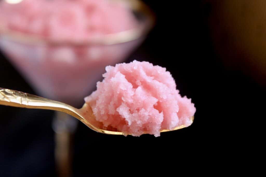rhubarb granita on a spoon