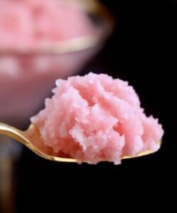 rhubarb granita on a spoon