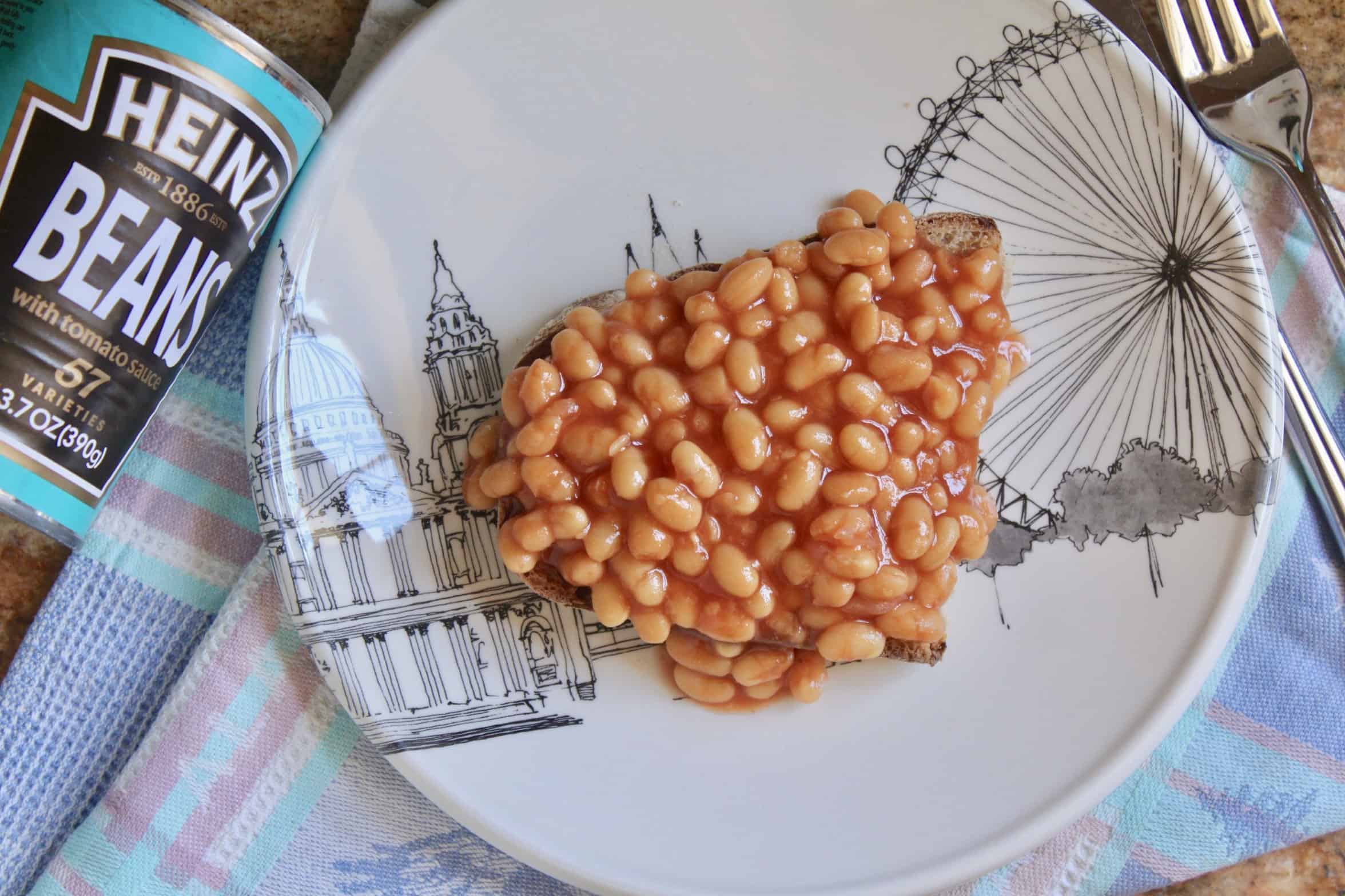 overhead beans on toast on a plate