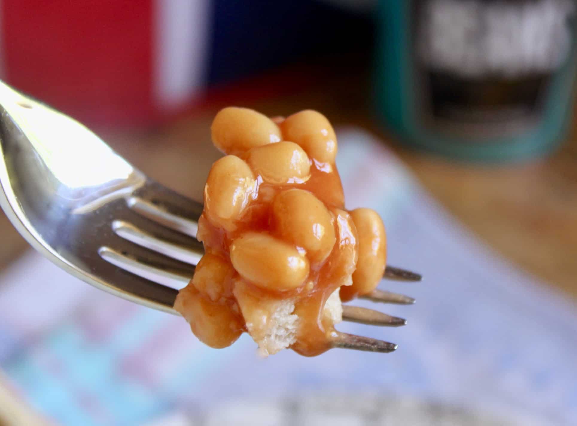 forkful of beans on toast