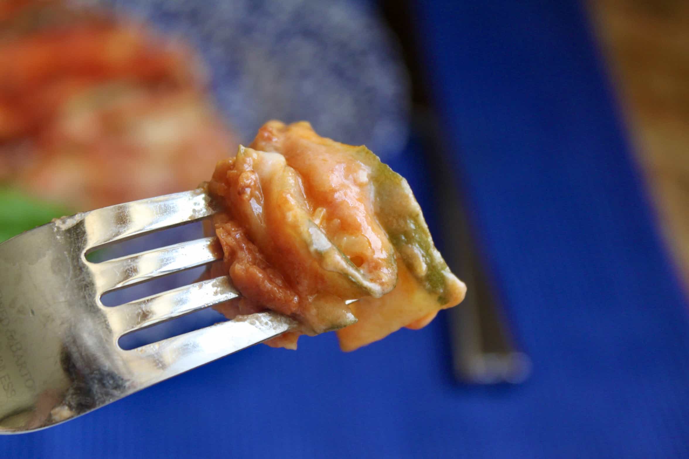 piece of zucchini lasagna on a fork