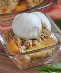 square glass bowl with peach dessert and ice cream