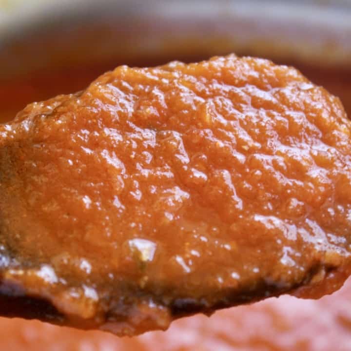 fresh tomato sauce on a wooden spoon