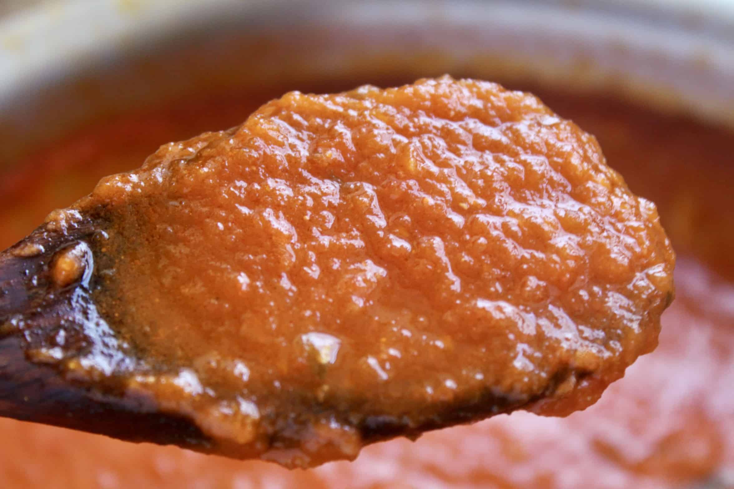 fresh tomato sauce on a wooden spoon