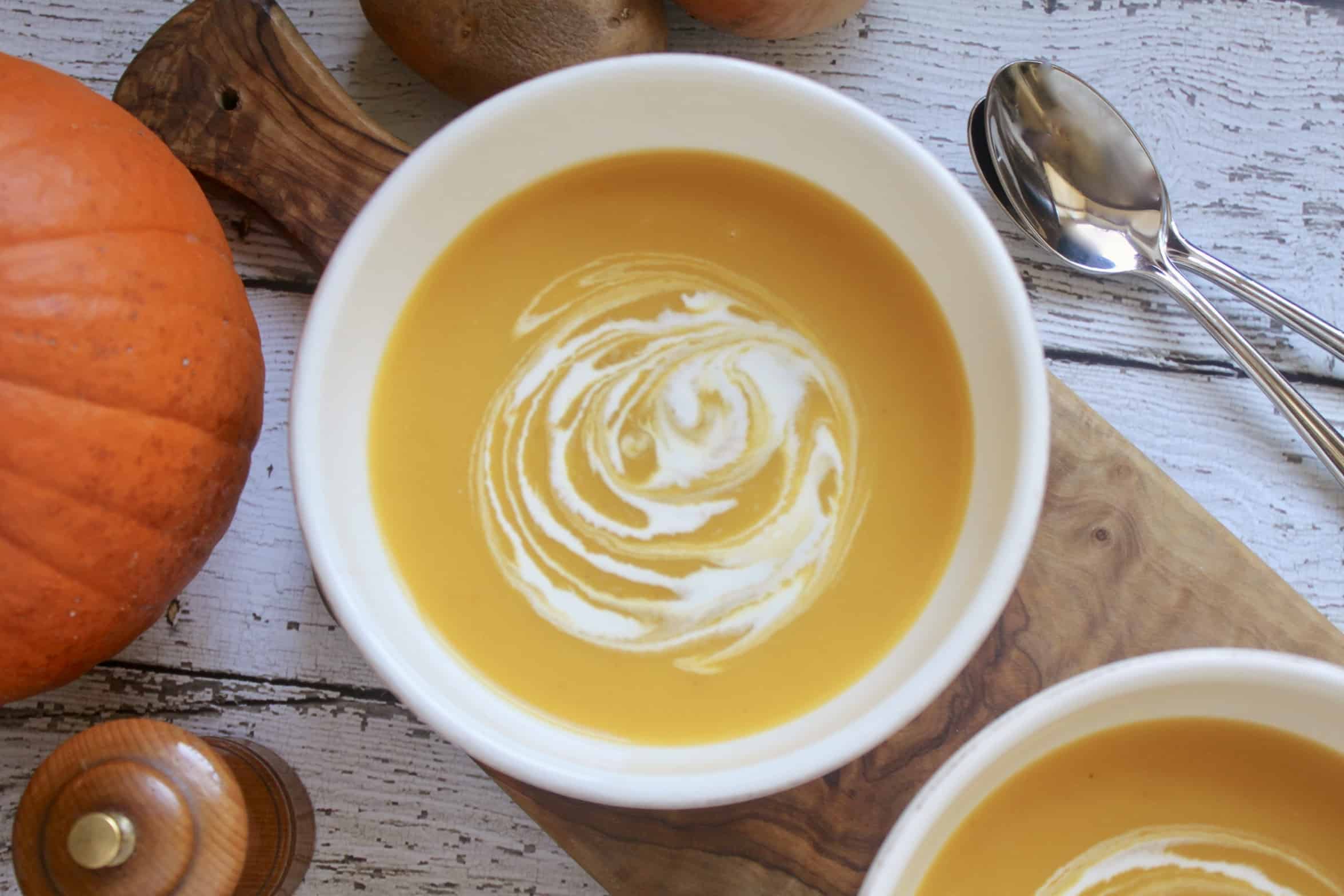overhead pumpkin soup in a bowl 