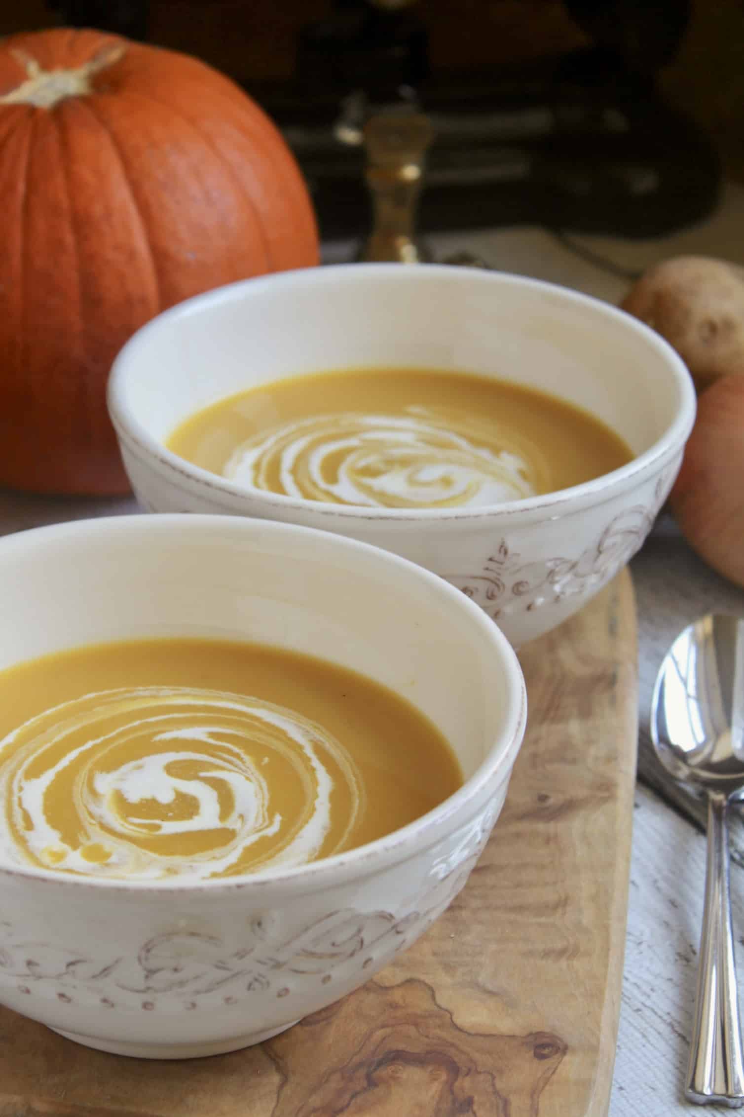 swirly soup in bowls