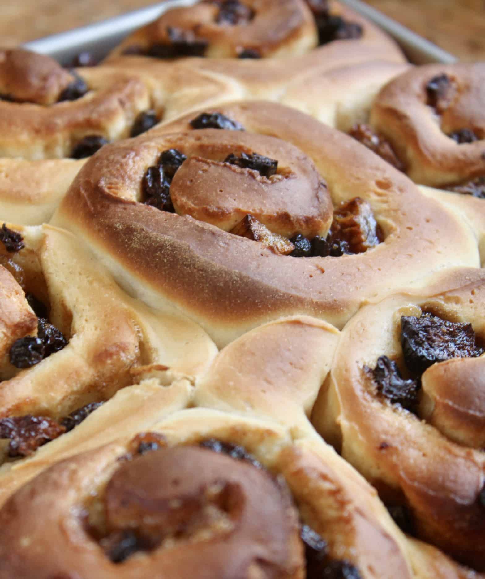 baked Chelsea buns in a pan