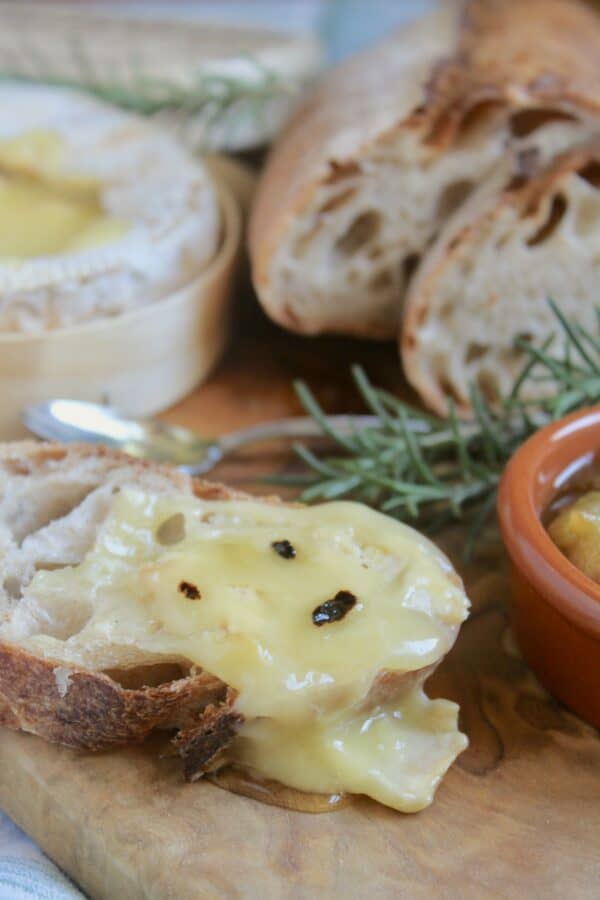baked Camembert on bread with truffle honey
