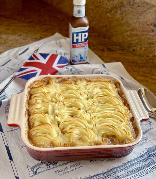 cottage pie, flag and HP Sauce