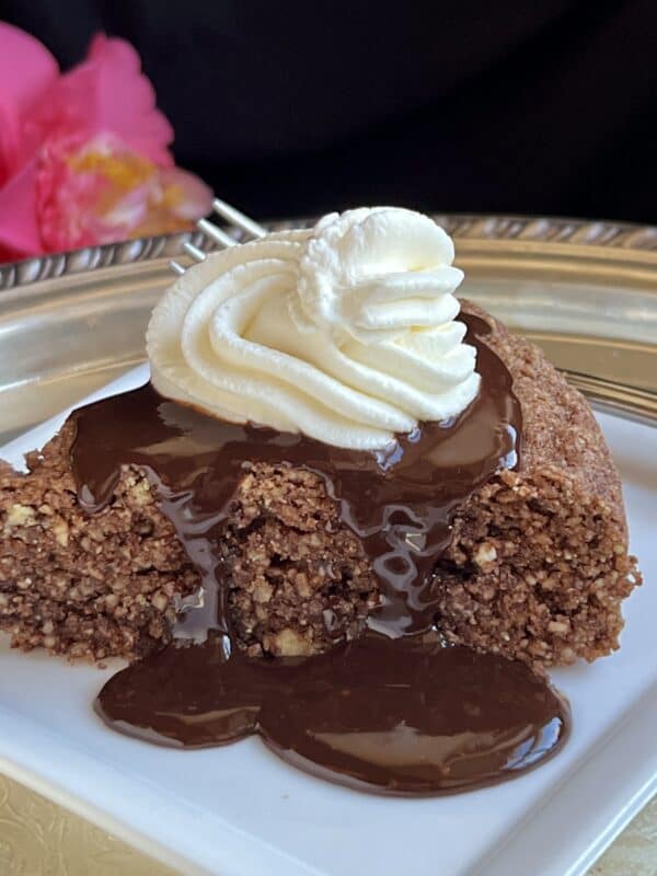 chocolate sauce poured over a slice of cake with whipped cream.