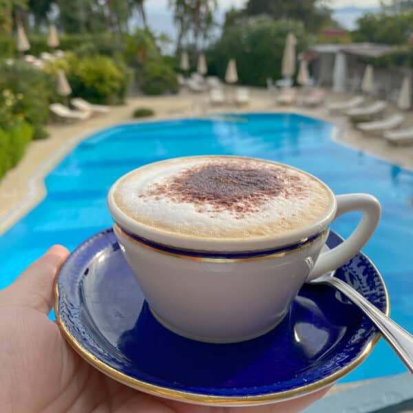 cappuccino with a pool view at Restaurant Belvedere Ischia