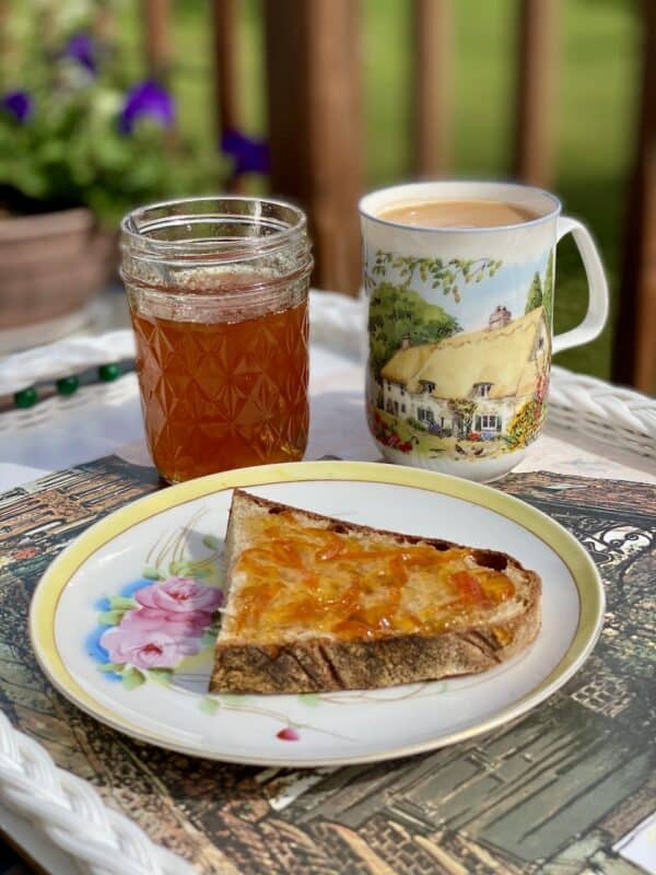 marmalade on toast with mug of tea
