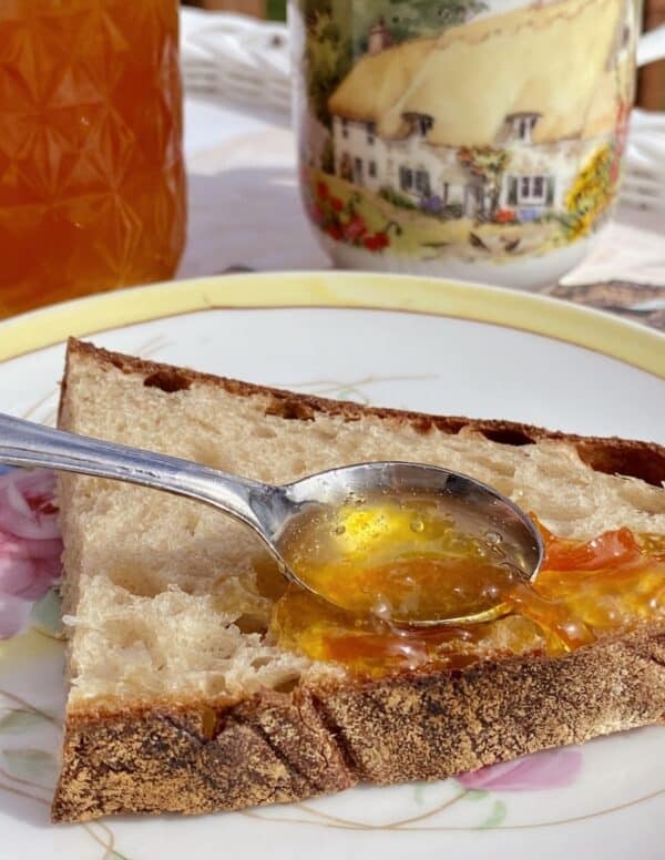 marmalade on a slice of bread with mug of tea