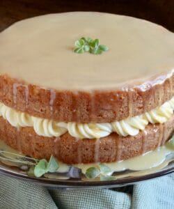 Irish whiskey cake on a cake stand