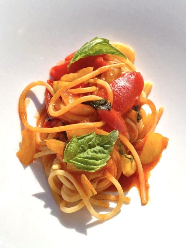 Chef Libera Iovine's spaghetti with three types of tomatoes at Belvedere Restaurant Ischia