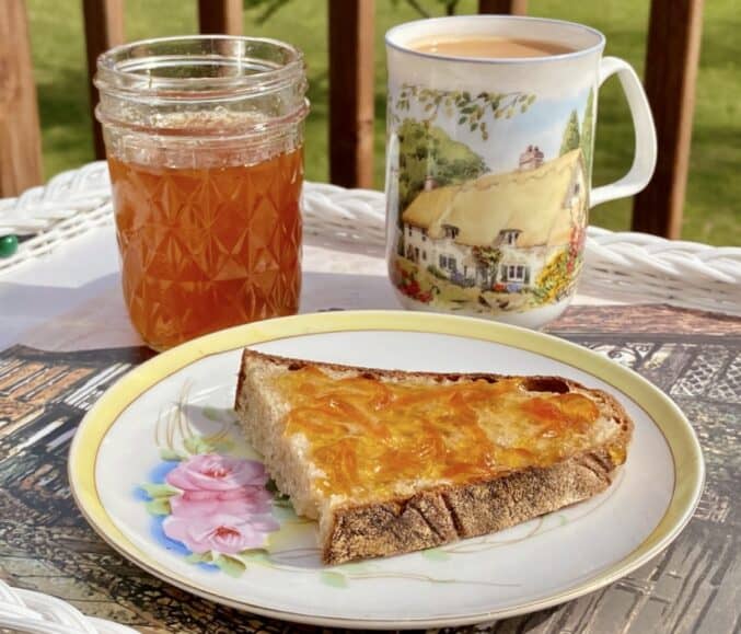 marmalade on a slice of bread with mug of tea