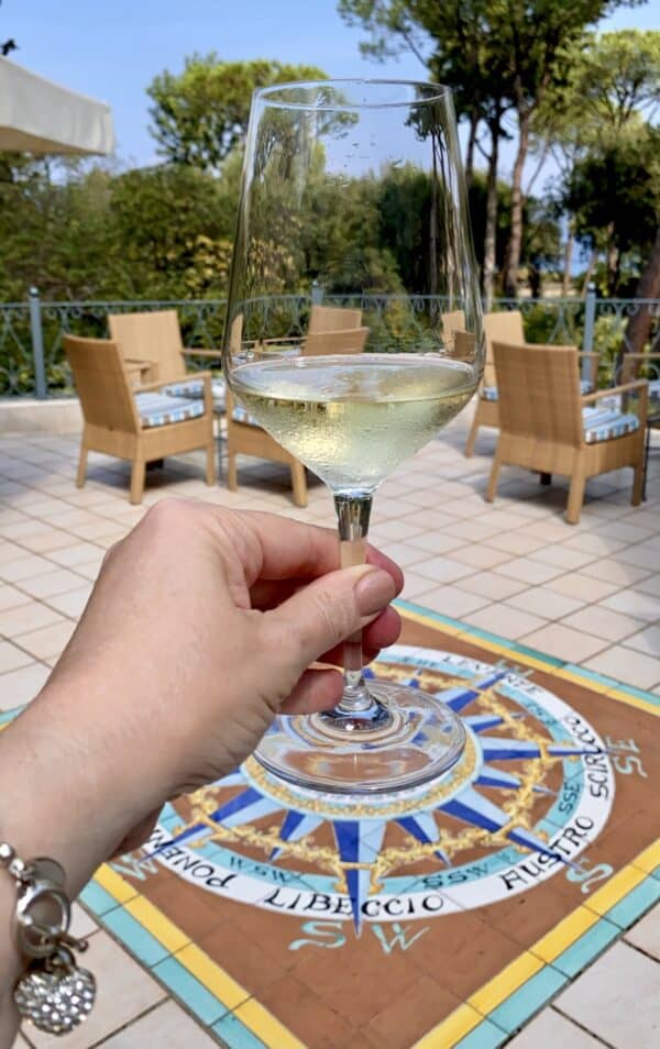 holding a glass of wine at Belvedere Restaurant Ischia