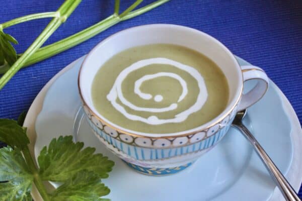 celery soup with cream swirl