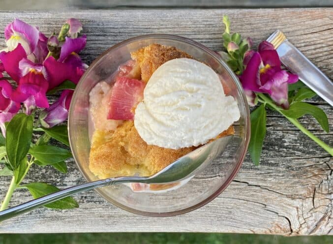 rhubarb cobbler and ice cream flat lay