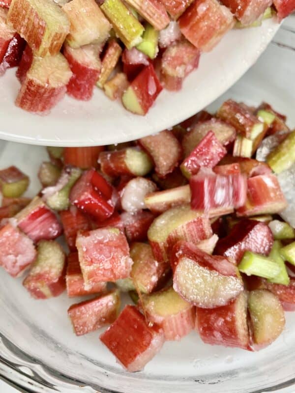 pouring rhubarb into pie dish