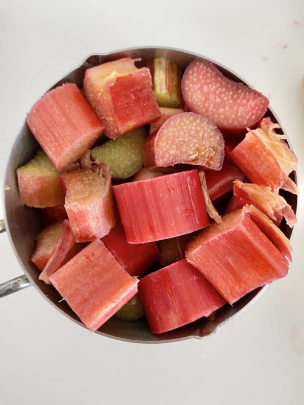 rhubarb cut into pieces in a cup 
