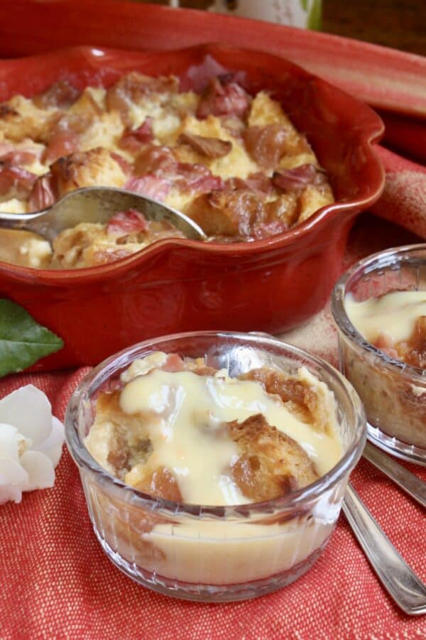 rhubarb bread pudding with orange custard