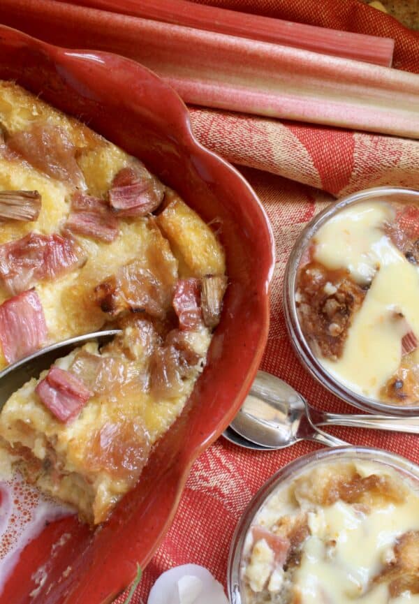 serving rhubarb bread pudding