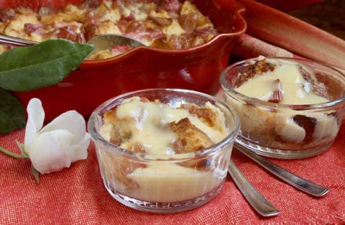 rhubarb bread pudding with orange custard