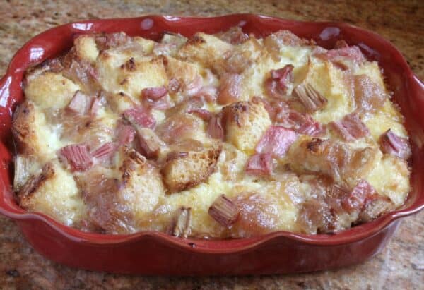 rhubarb bread pudding out of the oven
