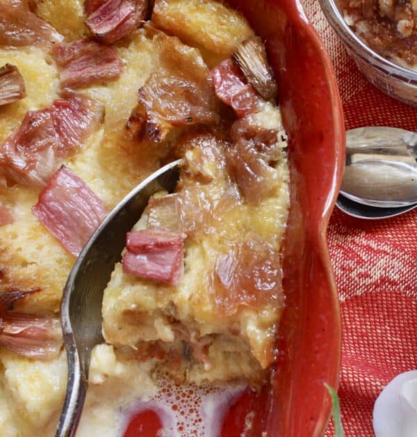 rhubarb bread pudding with orange custard