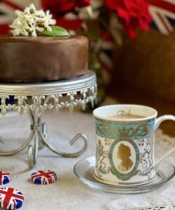 chocolate biscuit cake and mug of tea