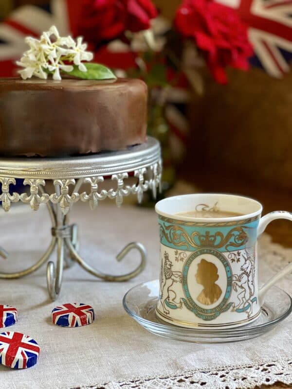 chocolate biscuit cake and mug of tea