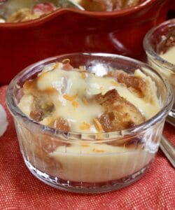 Rhubarb bread pudding with orange custard