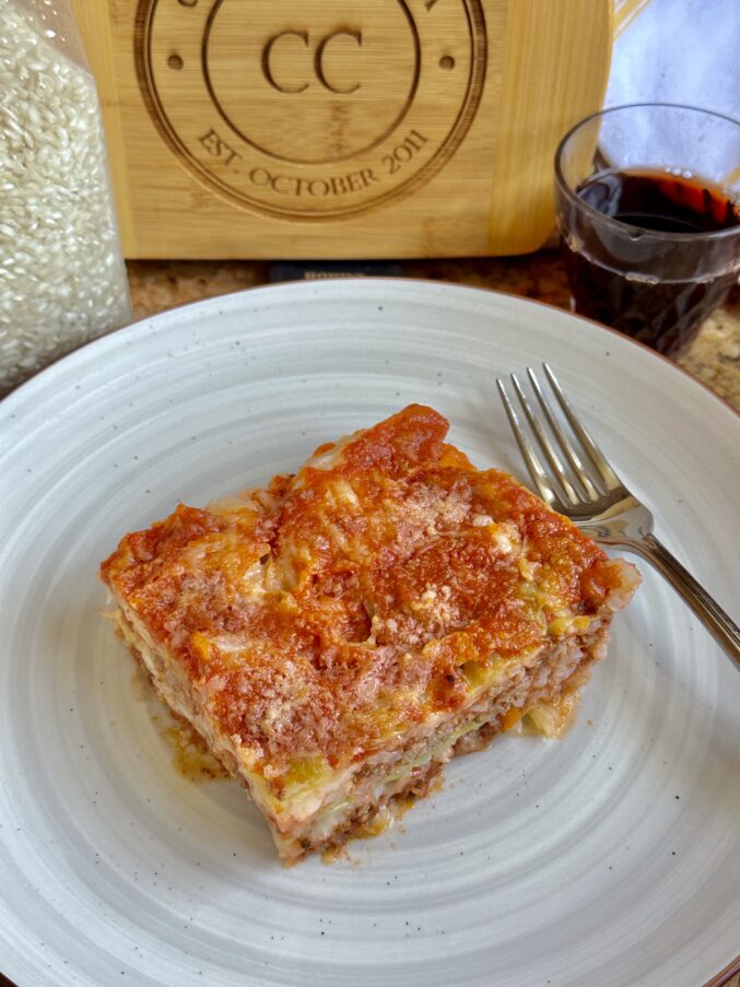 Cabbage lasagna on a plate slice of cabbage casserole