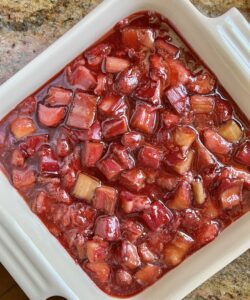 strawberry rhubarb filling in a square pan