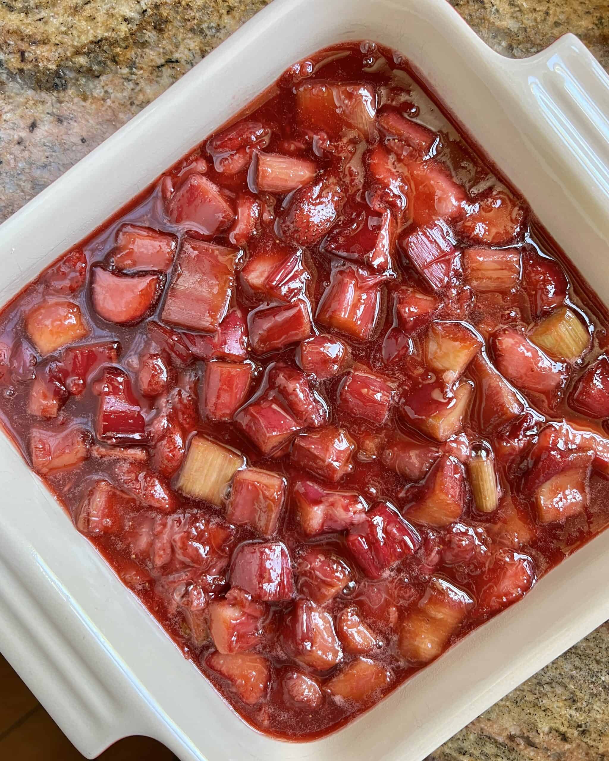 strawberry rhubarb filling in a square pan