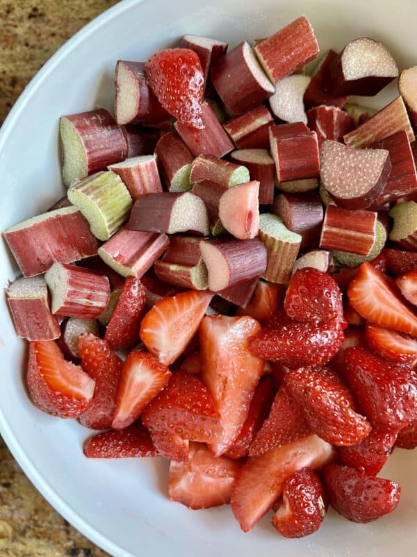 strawberries and rhubarb in bowl