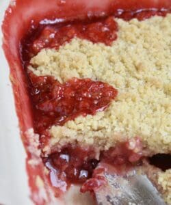 strawberry rhubarb crumble in a dish