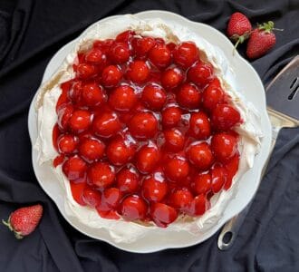 overhead view of strawberry dessert
