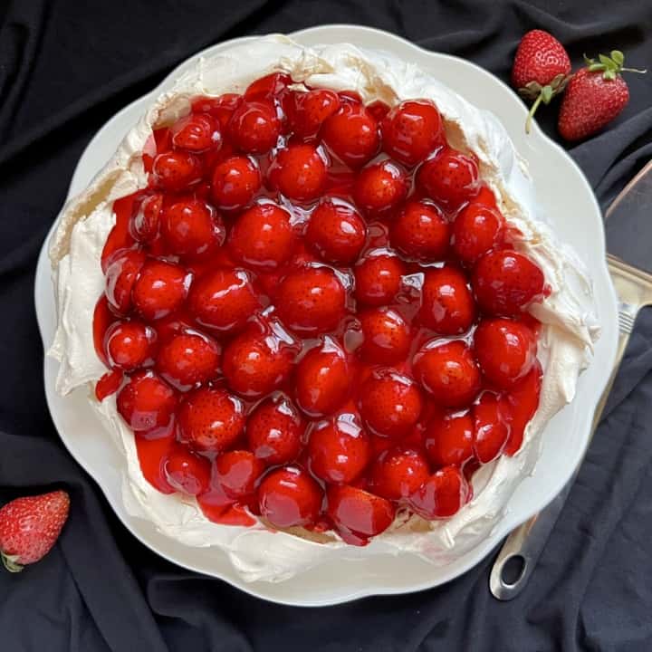 overhead view of strawberry dessert