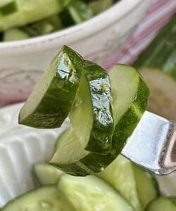 cucumber salad on a fork