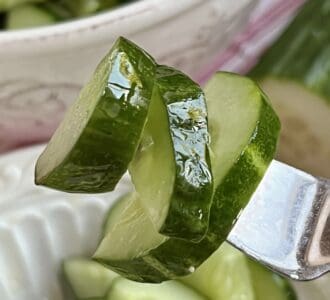 cucumber salad on a fork