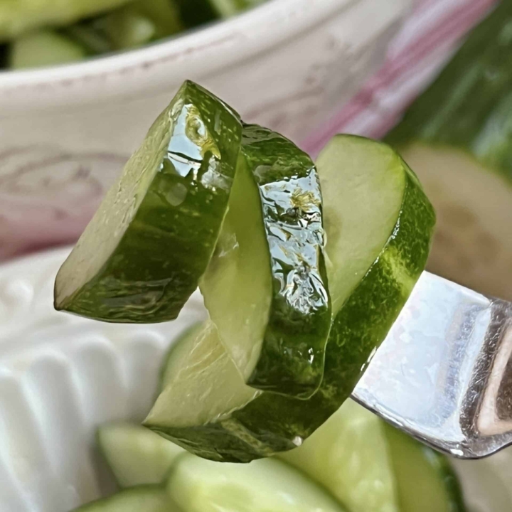 cucumber salad on a fork