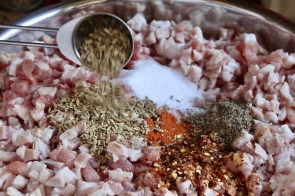 adding salt and spices to meat